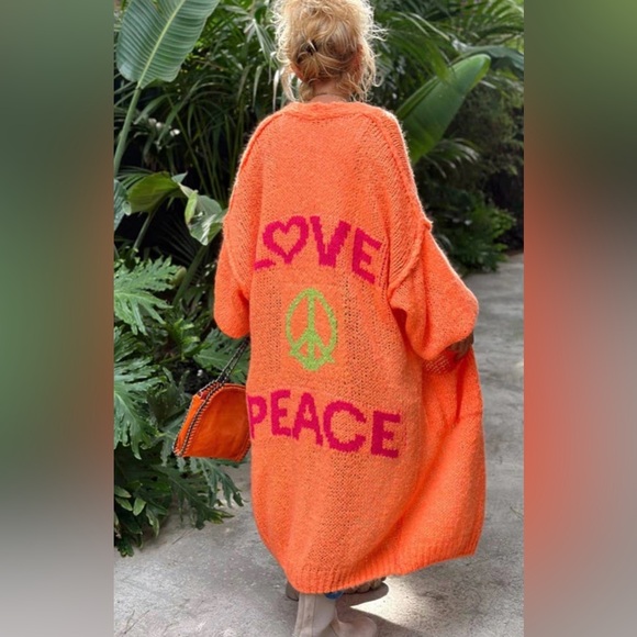 Sweaters - Orange Love Peace Knit Cover-Up Cardigan Size 2XL